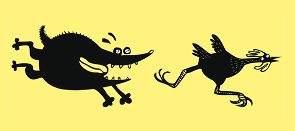 Illustration of wolf chasing a chicken. 