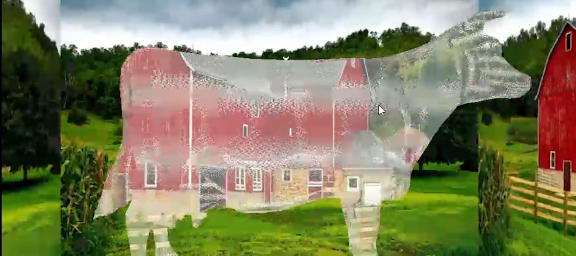 Looping gif of a multi-color banded cone made up of particles. 